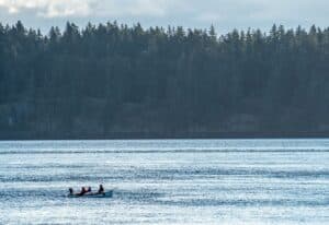 A skiff load of local fishermen near Campbell River, British Columbia, Canada