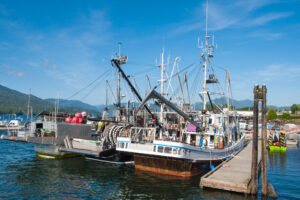 E47WHT Fishing boats trawlers marina docks piers port, Cow Bay harbour harbor, Prince Rupert, British Columbia, Canada.