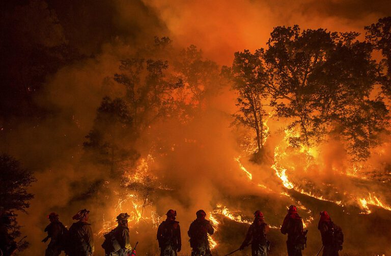 Firefighters standing in front of a wildfire