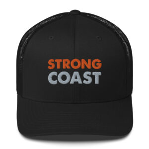 A black cap with a "Strong Coast" print