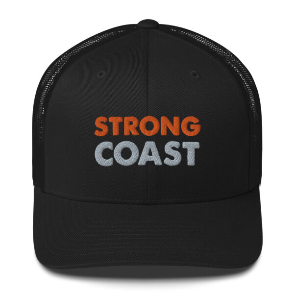 A black cap with a "Strong Coast" print