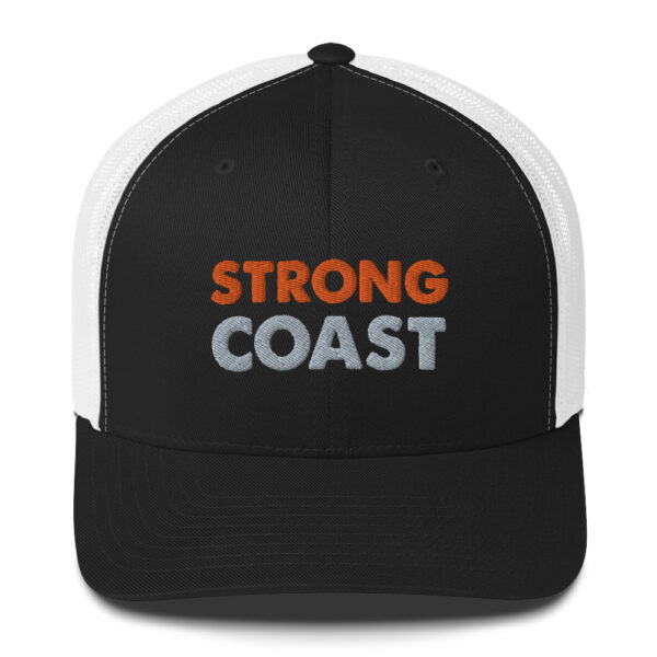 A black and white cap with a "Strong Coast" print