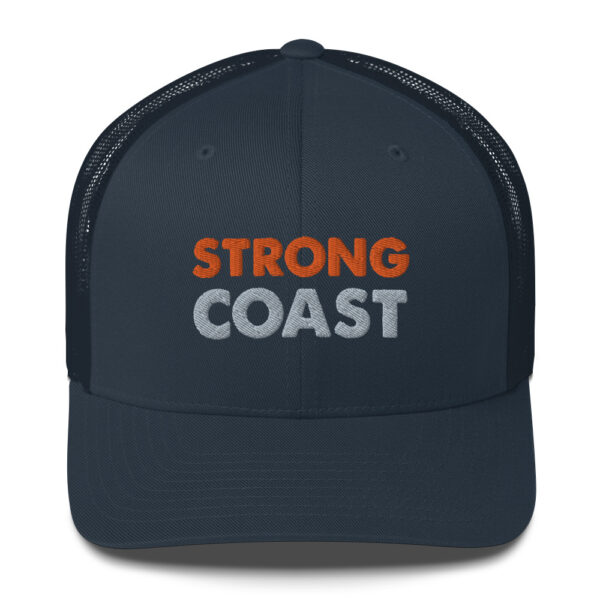 A navy cap with a "Strong Coast" print