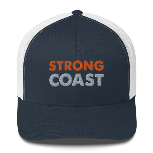 A navy and white cap with a "Strong Coast" print