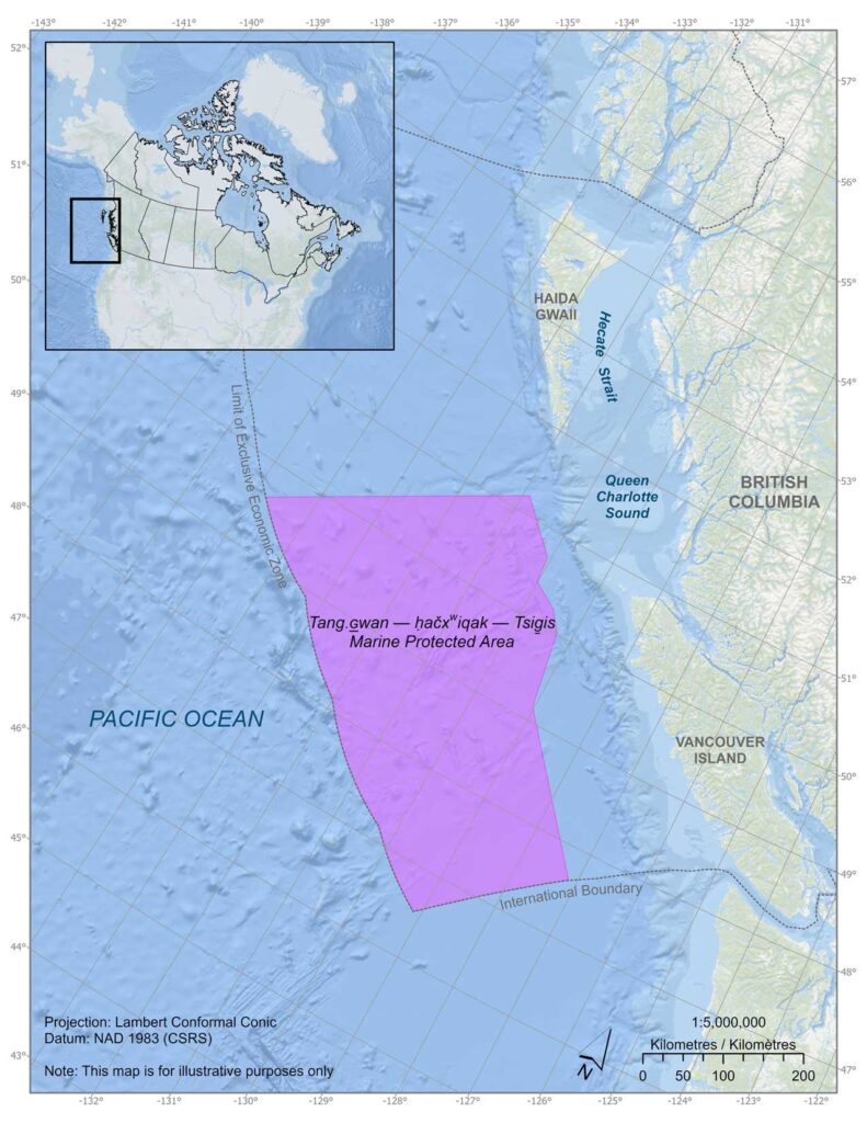 A map of the TḥT Marine Protected Area showing a large purple highlighted area 150km west of Vancouver Island